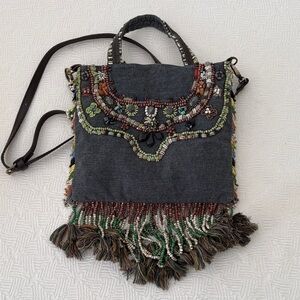 Embellished Gray Beaded Fringe Bag